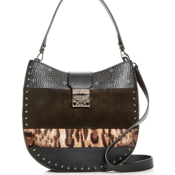 New MCM Patricia Leopard Mixed Media Handbag Hobo